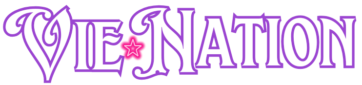Vie-Nation Logo - White 'Vie' outlined in purple, pink star in between, white 'Nation' outlined in purple."