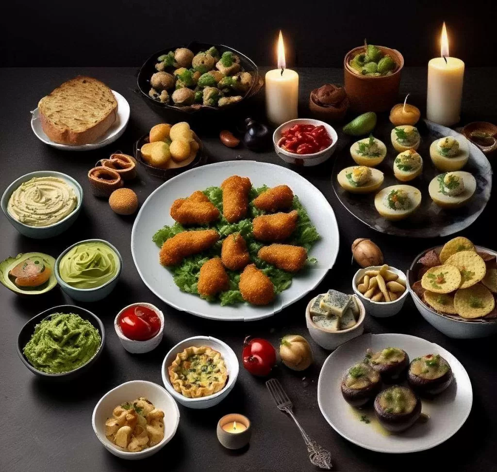 Assorted appetizers including stuffed mushrooms, bruschetta, spinach artichoke dip, Caprese skewers, guacamole and chips, deviled eggs, vegetable spring rolls, crispy potato skins, cucumber bites, antipasto platter, mini quiches, creamy hummus platter, stuffed jalapenos, chicken strips, roasted potato skin chips, avocado puree