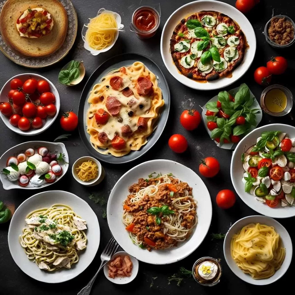 Assorted Italian cuisine dishes including pizza, chicken alfredo, bolognese, risotto, pasta carbonara, Caprese salad, pesto noodles, spaghetti and meatballs, and Parmesan tomatoes