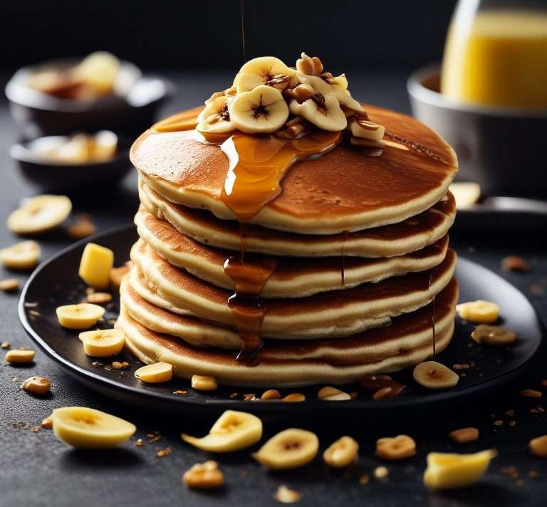 The Best Fluffy Pancakes... Ever! Fresh stack of fluffy pancakes topped with sliced bananas and nuts.