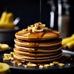 Fluffy pancakes with syrup, bananas and nuts