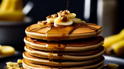 Fluffy pancakes with syrup, bananas and nuts