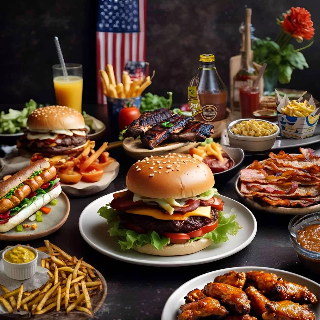 Assorted American cuisine dishes including cheeseburger, fries, buffalo wings, mac and cheese, bacon, hamburger, and barbecue ribs
