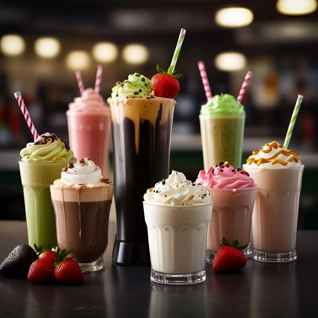 Assorted non-alcoholic drinks including creamy milkshakes, aromatic teas, match a latte, refreshing smoothies, and zesty juices