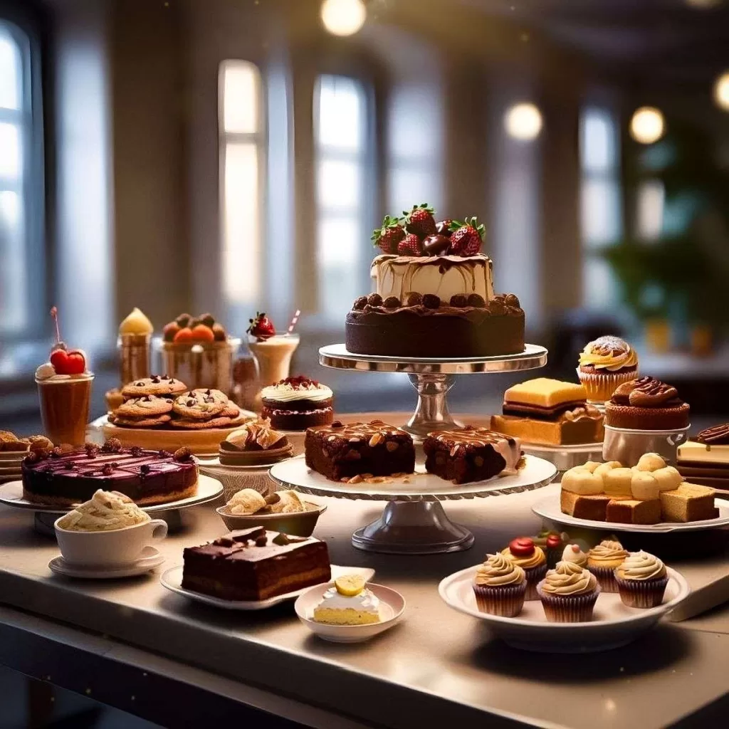 Assorted desserts including chocolate cake, red velvet cake, carrot cake muffins, fairy cupcakes, lemon meringue, chocolate mousse, pecan nut brownies, apple pie, strawberry cheesecake, tiramisu, fruit tart, ice cream sundae, chocolate chip cookies, lemon bars, panna cotta