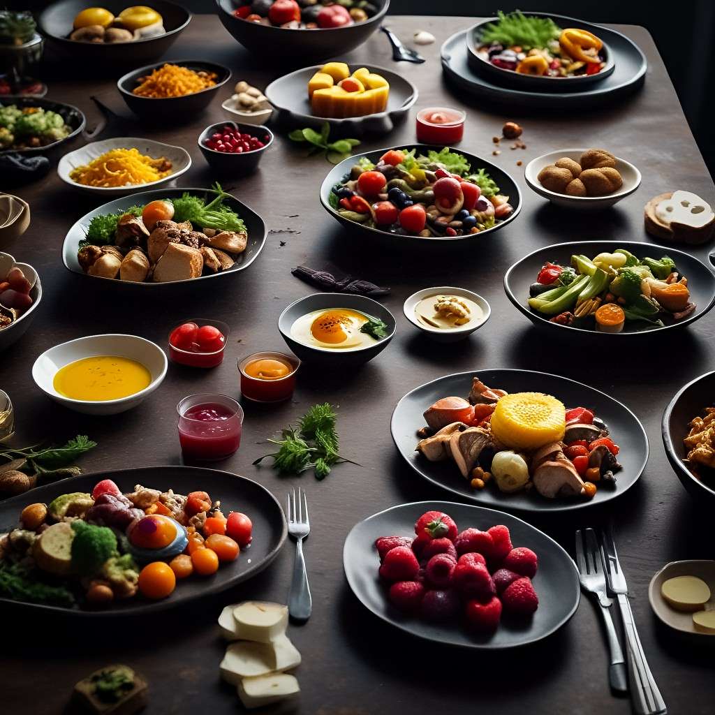 A delectable spread of breakfast, lunch, dinner, snacks, and salads on a a large black table.