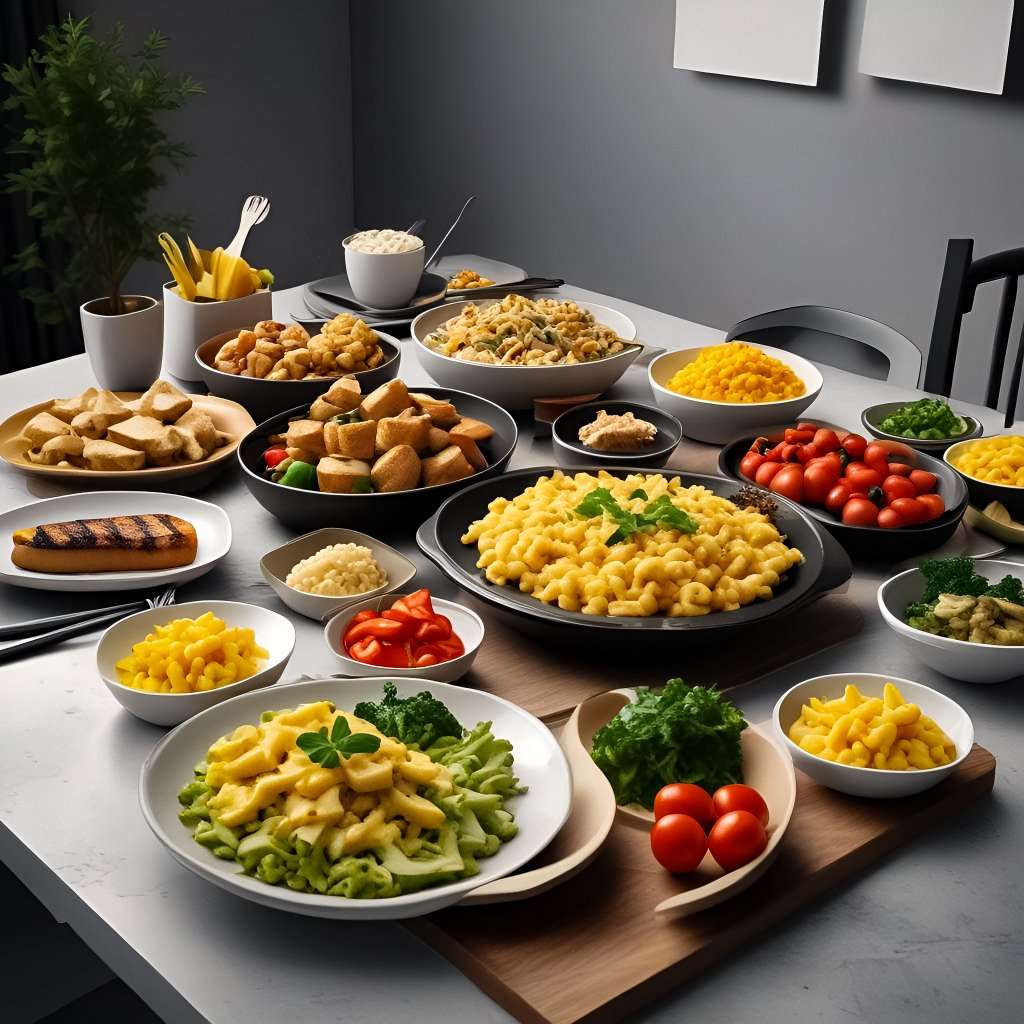 Assorted lactose-free meals including grilled chicken Caesar salad, stir-fried tofu with vegetables, quinoa stuffed bell peppers, coconut curry lentil soup, vegan mac and cheese, lactose-free risotto, avocado toast, dairy-free smoothie bowl and lactose-free lasagna