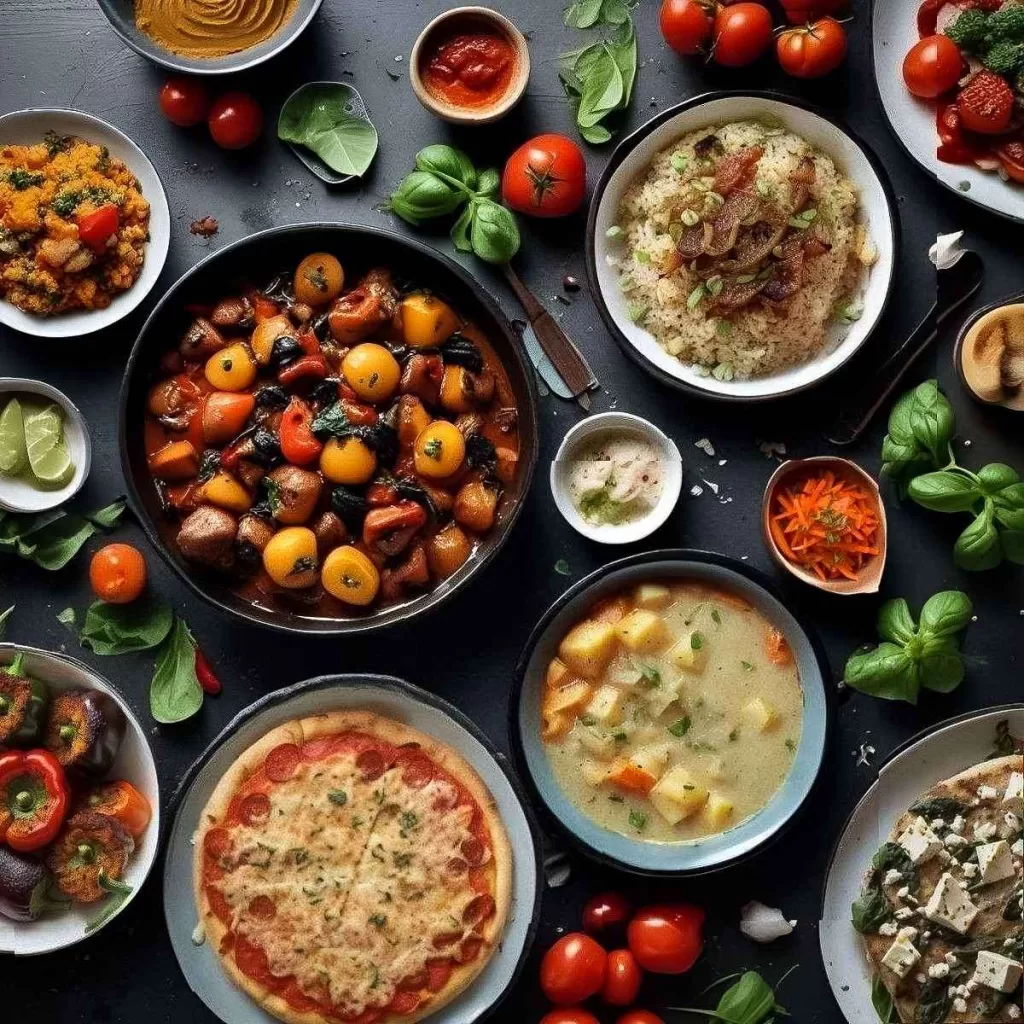 Assorted vegetarian meals including stewed veggies and potatoes, cheesy margherita pizza, creamy potato leek soup, spinach and feta bruschetta, vegetarian biryani, pumpkin puree, veggie couscous, asparagus dip, stuffed peppers, and sour cream dip