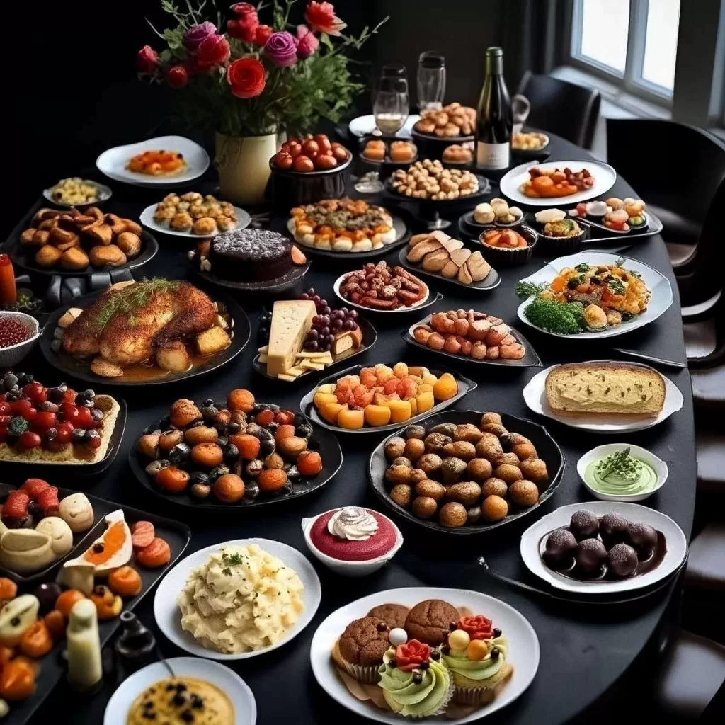 Assorted dishes representing different courses - appetizers, mains, sides, and dessert