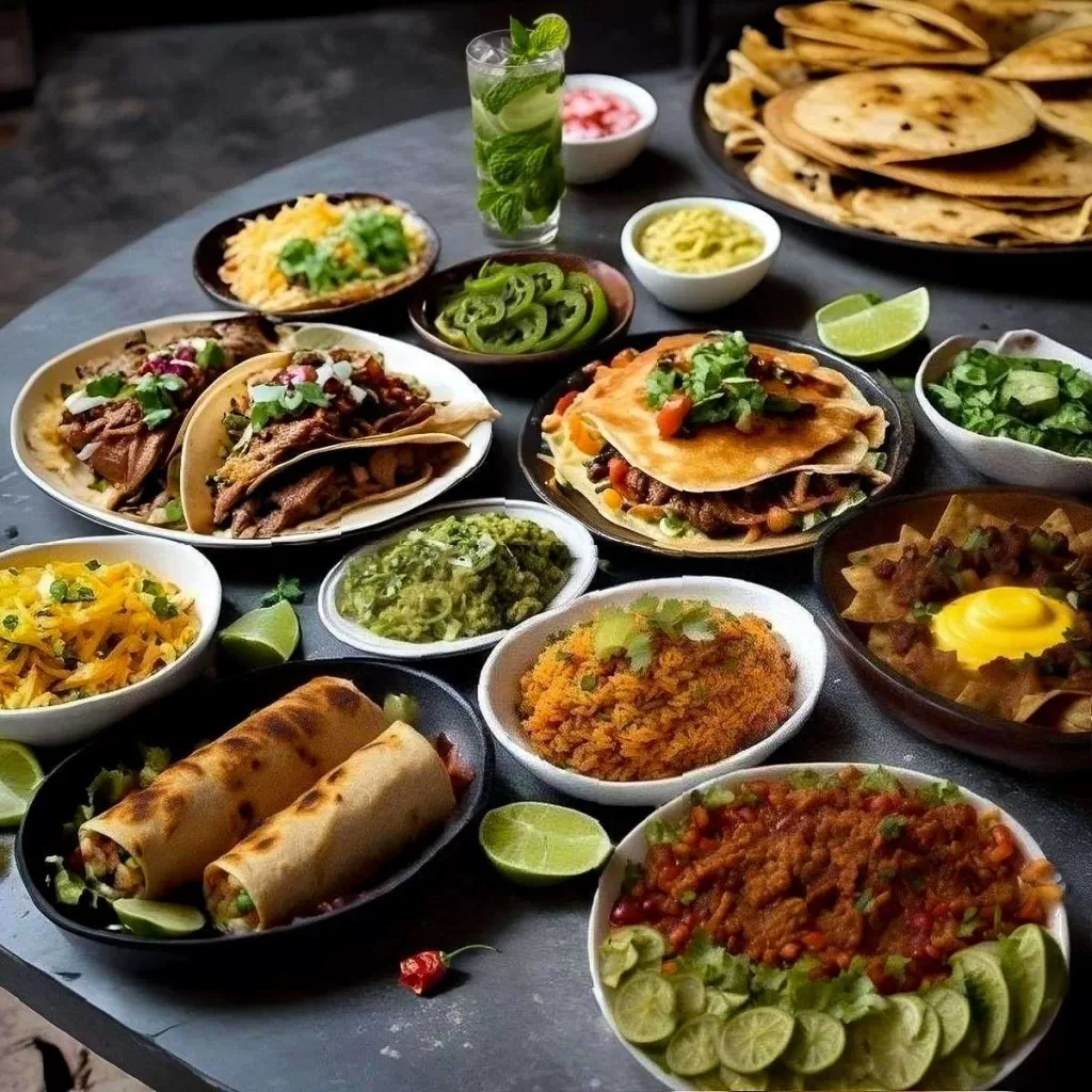 Assorted Mexican cuisine dishes including beef tacos, spicy Mexican rice, cheesy burritos, refried beans with lime, quesadillas, stuffed jalapenos, tortillas, chicken cheesy nachos, and cheese dip