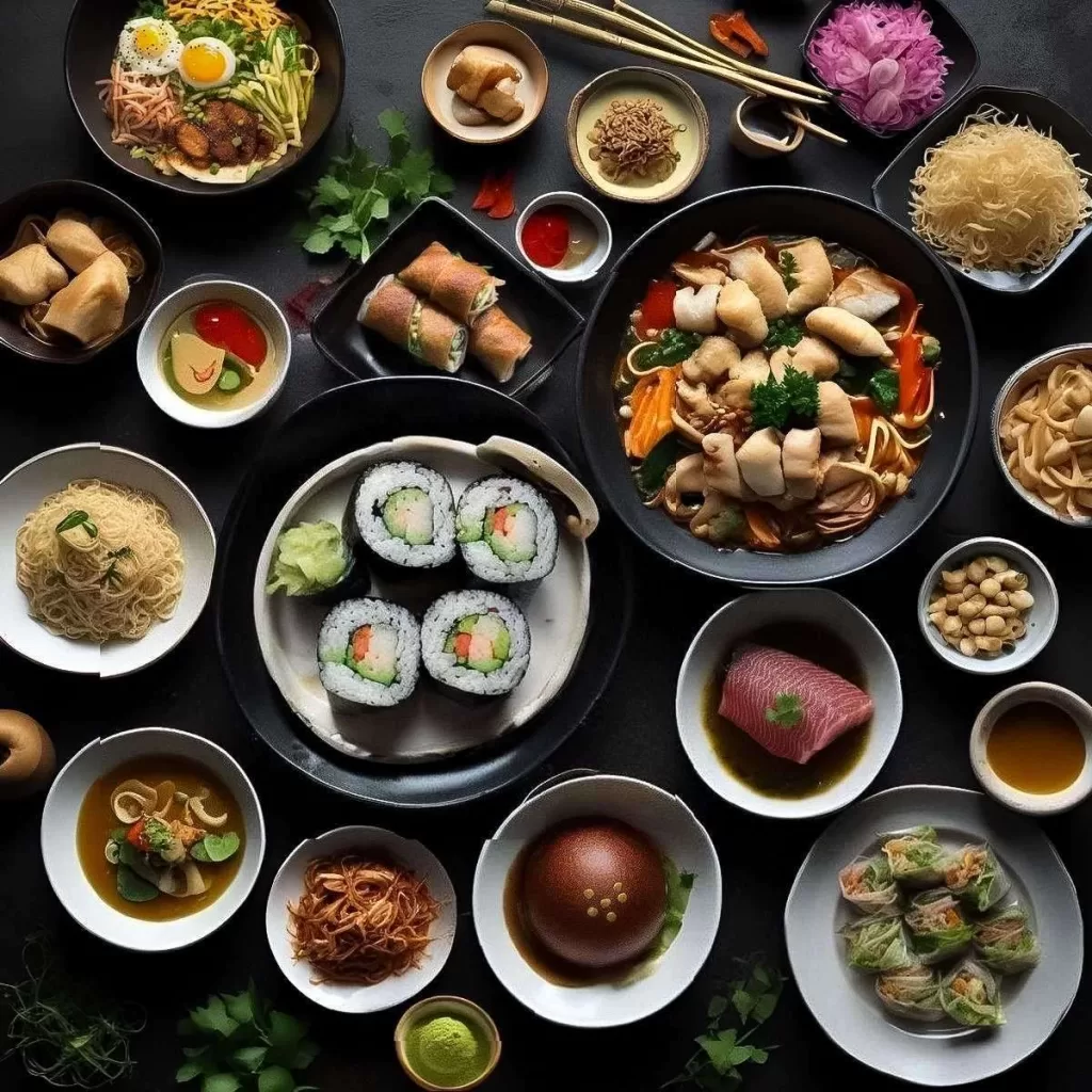 Assorted Asian cuisine dishes including ramen, baozi, California rolls, maki, onigiri, rice noodles, bibimbap, miso soup, pickled ginger, chicken spring rolls, and Chinese dumplings