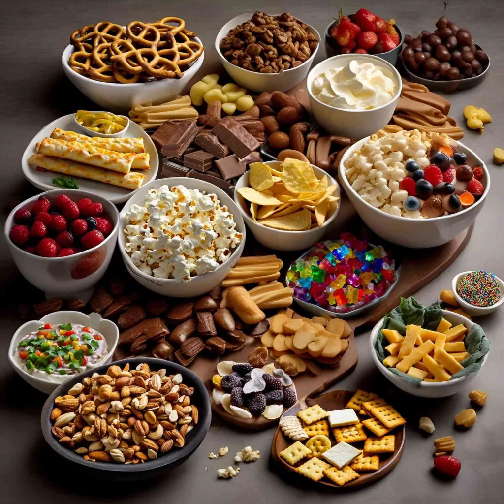 Assorted snacks including crisps, popcorn, pretzels, berries, cheese and crackers, cheese sticks, bread sticks, gummy bears, assorted nuts, chocolates, dried fruit, and yogurt parfait