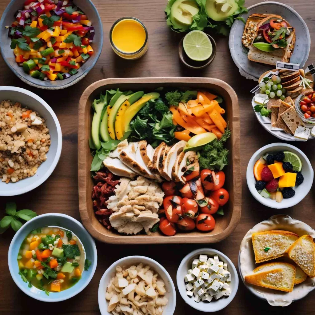 Assorted lunch dishes including chicken salad, breads, soup, feta, fruit salad, cheese board, quinoa, avocado slices, stuffed tomatoes