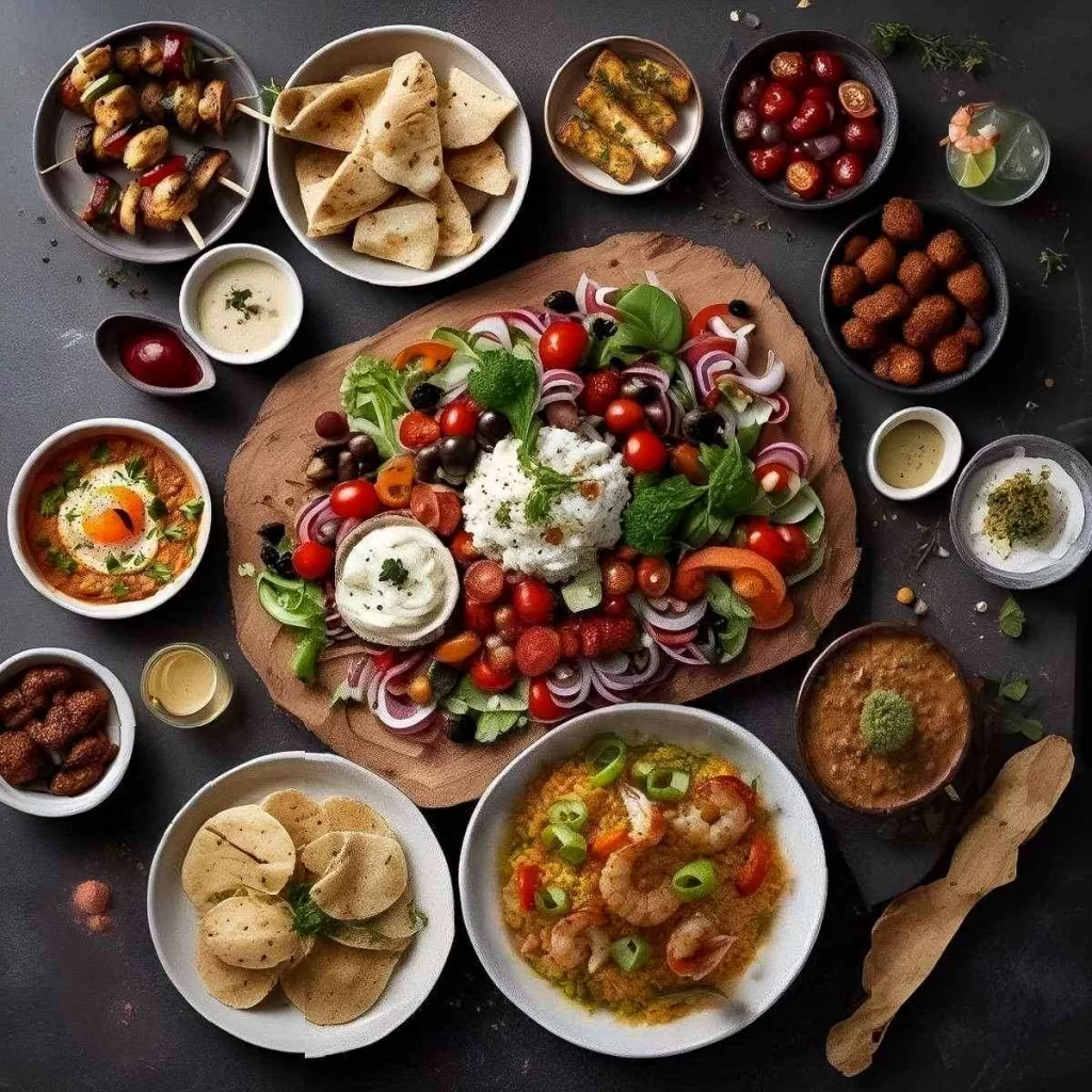 Assorted Mediterranean cuisine dishes including Mediterranean salads, coconut shrimp rice, seafood platter, chicken kebabs, halloumi, hummus dip, sour cream dip, falafels, and chickpea sauce