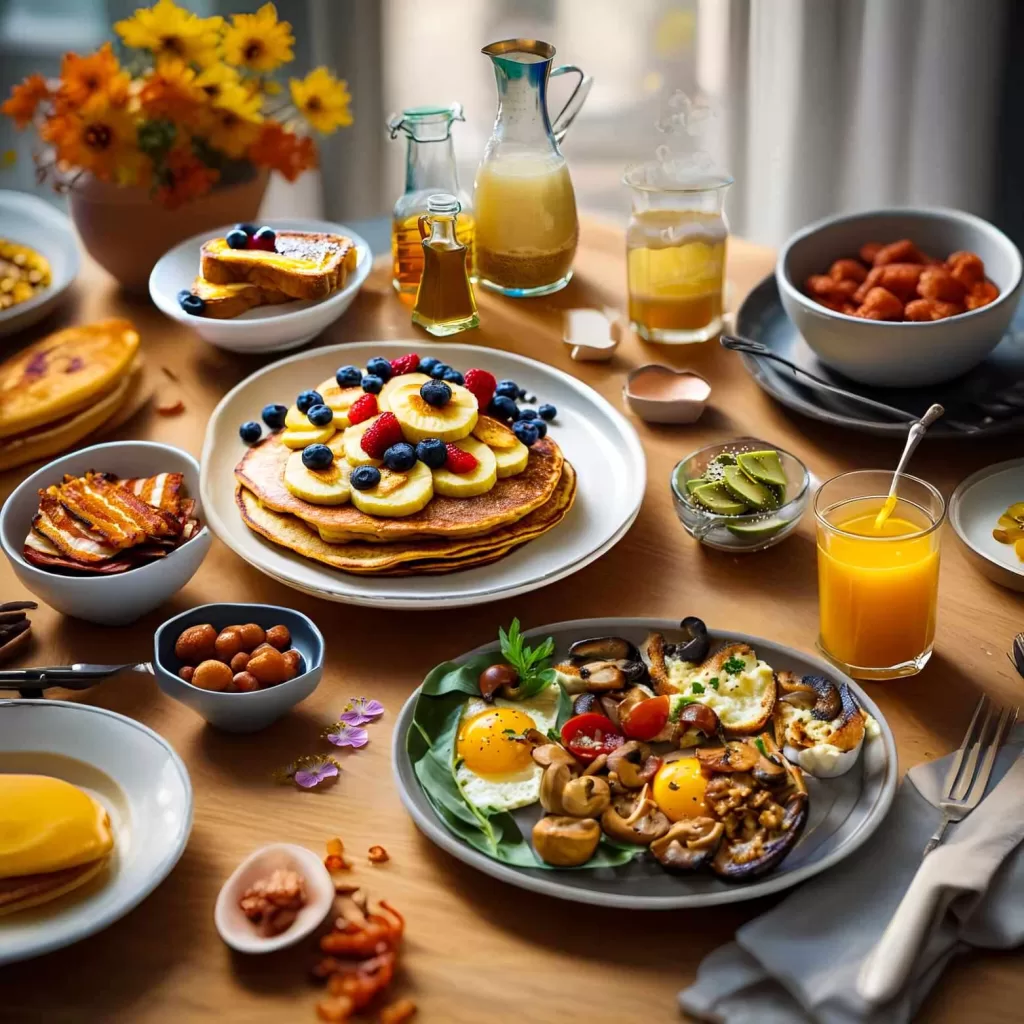 Assorted breakfast dishes including pancakes, orange juice, sausages, eggs, grilled mushrooms, bacon, and French toast