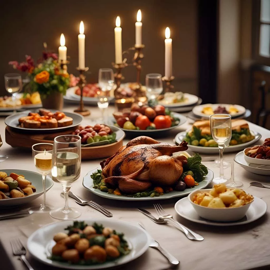Assorted dinner dishes including roast chicken, roast veggies, garlic roast potatoes, stuffed gemsquash, grilled veggies, crumbed mushrooms, and ciabatta on a dining table with glasses of wine and candles