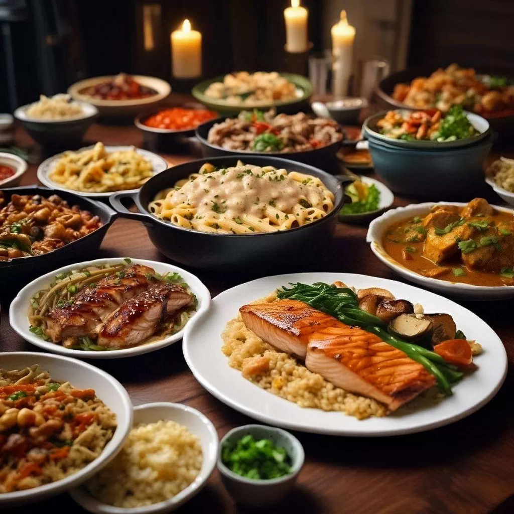 Assorted main courses including grilled salmon, chicken alfredo, vegetable stir-fry, beef tacos, mushroom risotto, eggplant parmesan, shrimp scampi, beef stew, teriyaki chicken, vegetarian chili, butter chicken curry