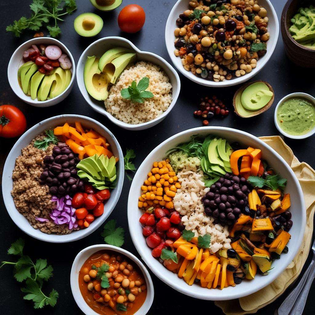 Assorted vegan meals including quinoa salad, avocado dip, veggie salad mix, vegan Buddha bowl, chickpea curry, vegan pad Thai, sweet potato and black bean quesadilla, and stuffed portobello mushrooms