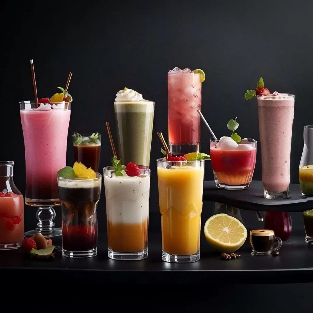 Assorted drinks including cocktails, iced teas, smoothies, frappes, coffees, juices, and milkshakes