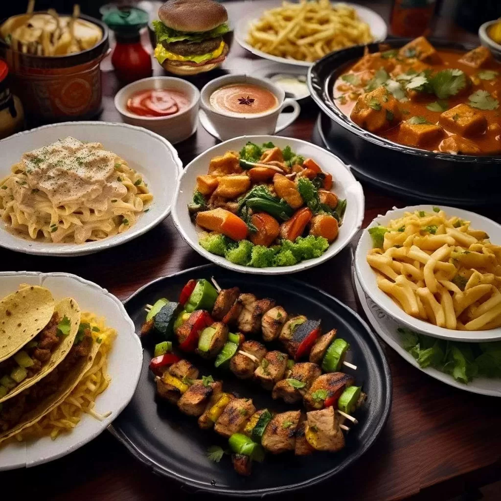 Assorted dishes representing global cuisines - Indian, Italian, American, Mediterranean, Asian, and Mexican