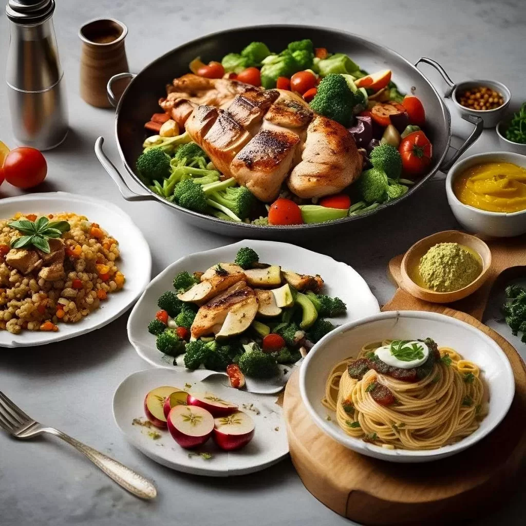 Assorted gluten-free meals including grilled lemon herb chicken, quinoa salad with roasted vegetables, gluten-free pasta primavera, grilled salmon with mango salsa, stuffed bell peppers with quinoa