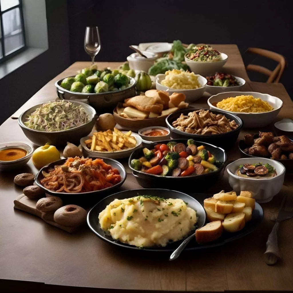 Assorted side dishes including garlic mashed potatoes, grilled vegetables, Caesar salad, roasted Brussels sprouts, macaroni and cheese, Caprese salad, coleslaw, rice pilaf, cornbread, quinoa salad, sweet potato fries, sourdough bread, caramelized onions, butternut and gem squash, roasted carrots