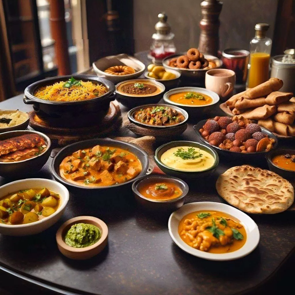 Assorted Indian cuisine dishes including butter chicken, garlic naan, yellow potato curry, chicken biryani, mutton mince samosas, dal makhani, gulab jamun, dal gosht, burfee, rotis, pudina chutney, chicken tikka, tandoori chicken, spiced chai latte, and lamb roganjosh