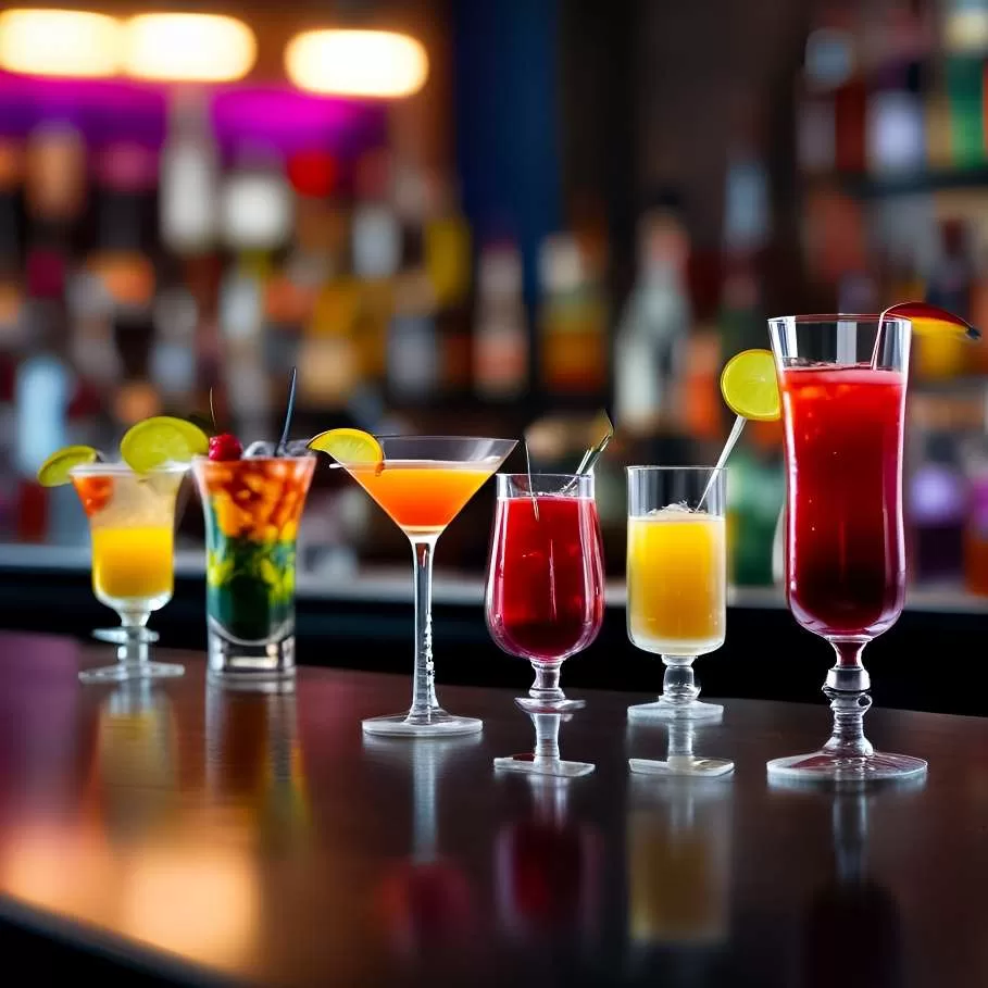 Assorted cocktails including cosmopolitan cocktail, strawberry daiquiri, rainbow curacao cocktail, Long Island iced tea, vodka and lime, martini, cherry sours