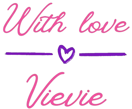 With love, Vievie' in pink and purple cursive, featuring a purple heart in the center. The design exudes a playful and elegant vibe with a pink and purple color scheme.