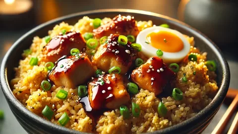 Chicken Teriyaki Fried Rice in a black bowl with teriyaki-glazed chicken, fluffy rice, green onions, and chopsticks on the side.