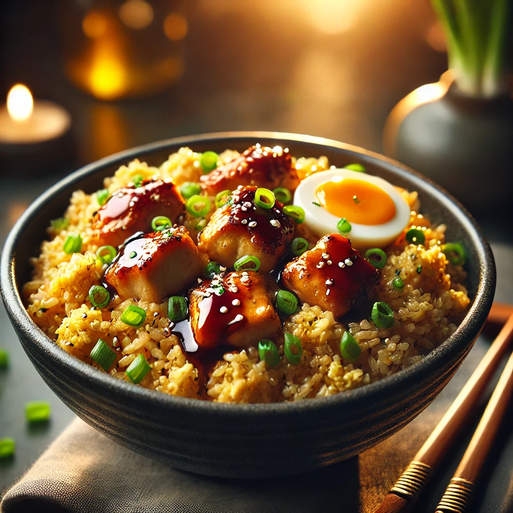 Chicken Teriyaki Fried Rice in a black bowl with teriyaki-glazed chicken, fluffy rice, green onions, and chopsticks on the side.