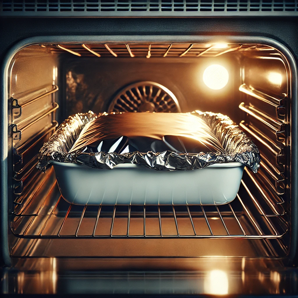A deep white casserole dish covered in foil, baking inside a warmly lit oven.