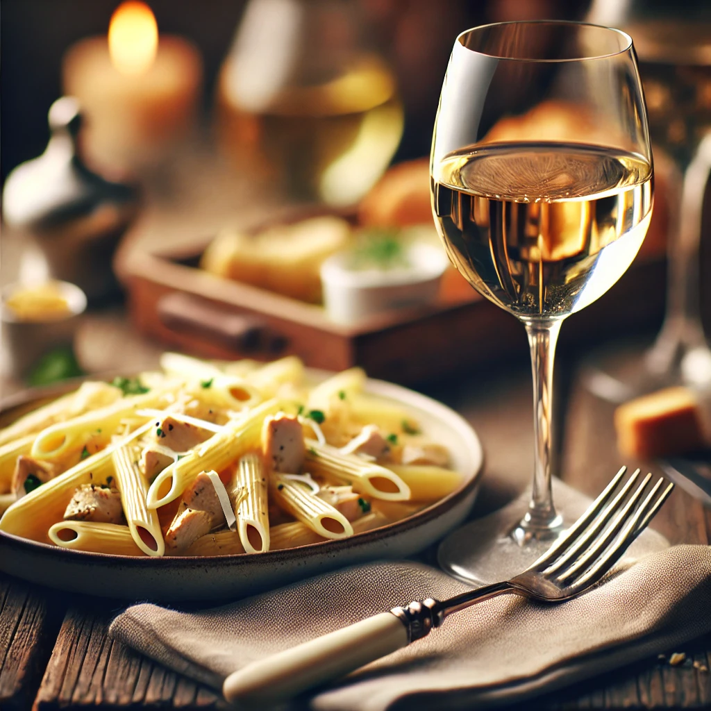 A glass of white wine in focus with a black bowl of Chicken Alfredo pasta in the background, set on a rustic wooden table with warm lighting.