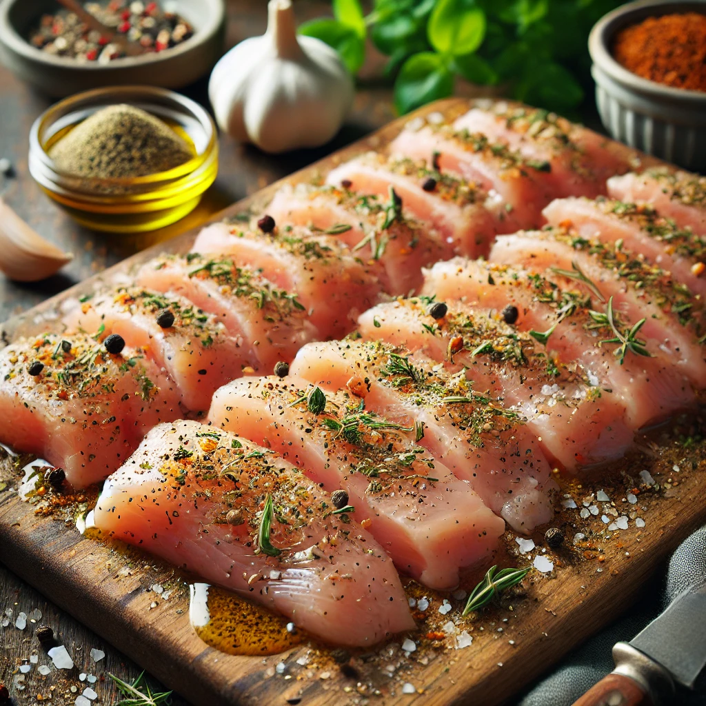 Strips of raw chicken breast, seasoned with herbs and spices, laid neatly on a wooden cutting board.