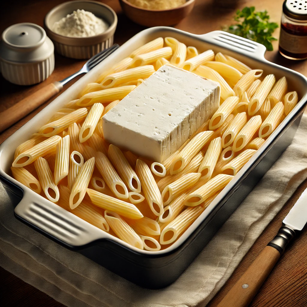 A deep casserole dish filled with uncooked penne pasta, with a block of cream cheese in the center, ready for baking.