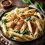 A black bowl filled with ultra-creamy Chicken Alfredo pasta, with golden-browned chicken slices, fresh spinach, and Parmesan garnish.