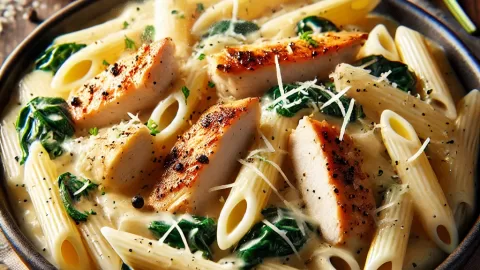 A black bowl filled with ultra-creamy Chicken Alfredo pasta, with golden-browned chicken slices, fresh spinach, and Parmesan garnish.