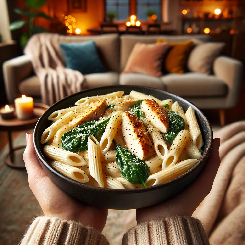 A person wearing a cozy sweater holding a black bowl of creamy Chicken Alfredo pasta, sitting in a warmly lit living room with candles and blankets in the background.