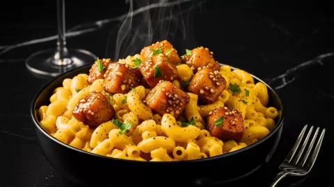 A black bowl filled with creamy garlic mac and cheese, topped with sticky honey garlic chicken cubes, garnished with parsley and black pepper, served on a black marble table with a glass of rosé wine in the background.