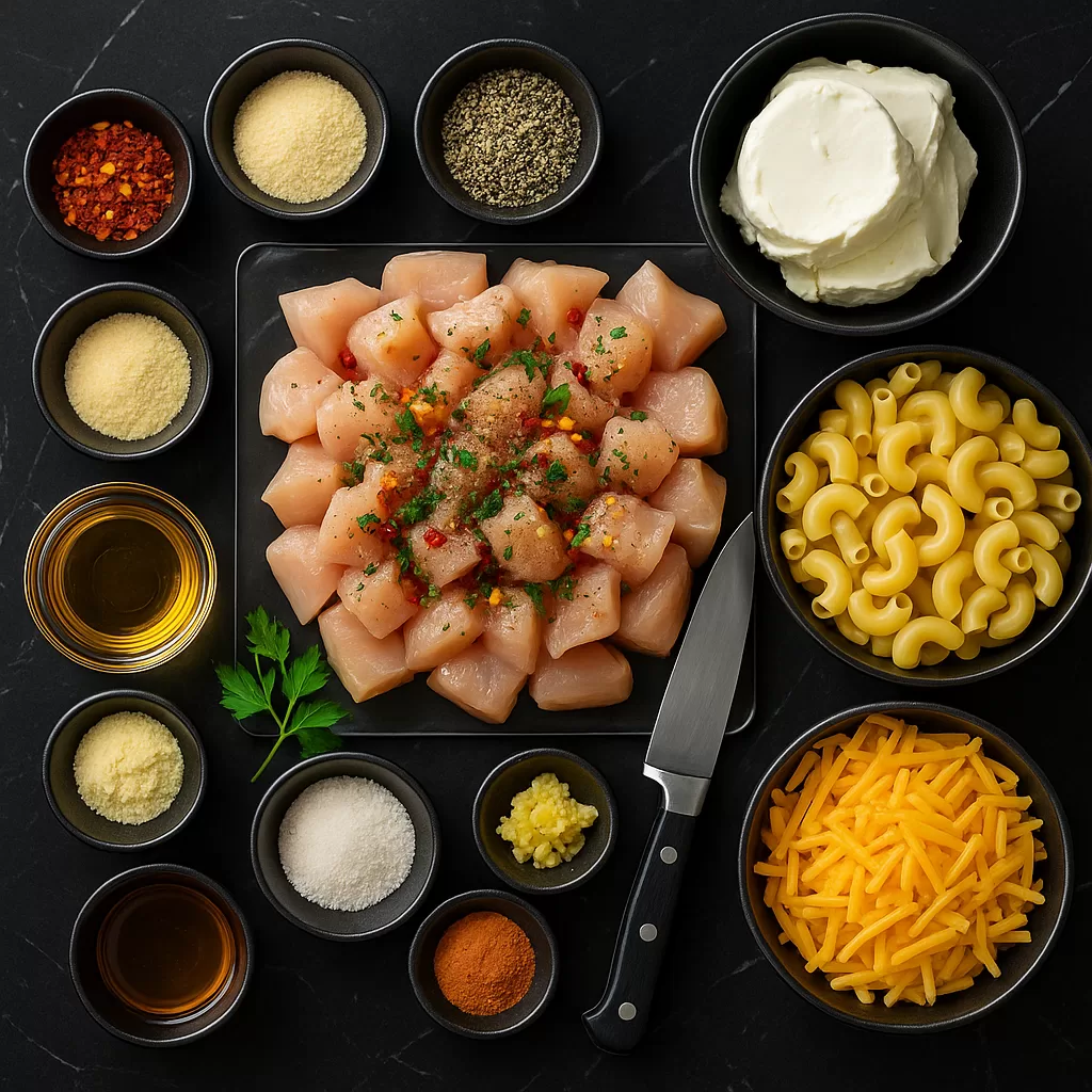 Overhead view of ingredients for creamy garlic chicken mac and cheese arranged on a black marble surface, including cubed chicken, pasta, shredded cheese, cream cheese, olive oil, butter, garlic, and assorted spices.
