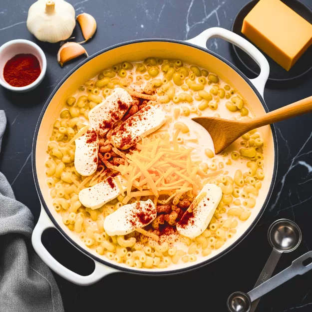 Cream cheese, shredded cheddar, and paprika sprinkled over macaroni in a creamy milk sauce, prepared in a white enameled pot with a wooden spoon on a black marble countertop.
