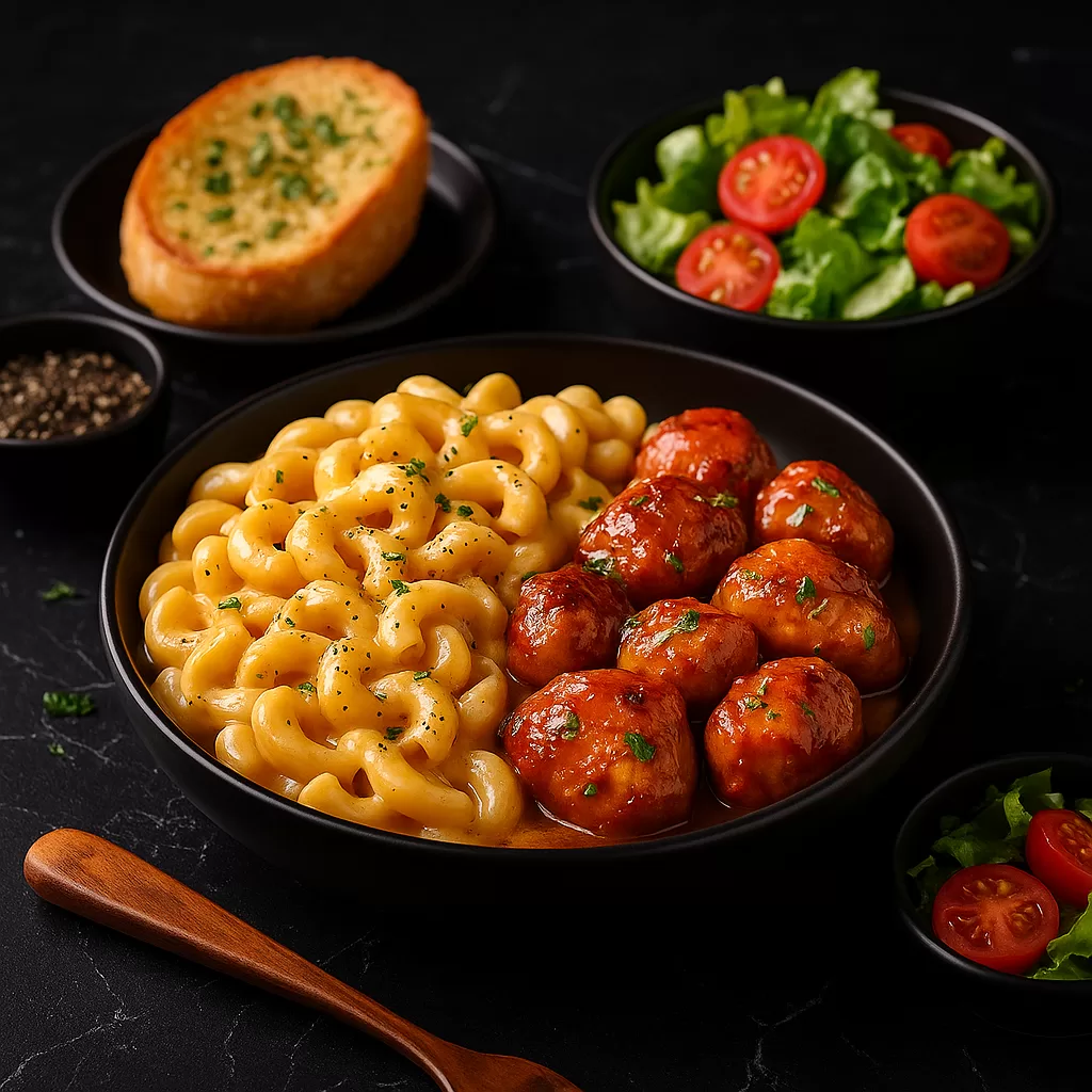 A black bowl filled with creamy mac and cheese and honey garlic chicken, served with a slice of garlic bread and a fresh green salad with cherry tomatoes on a black marble surface.