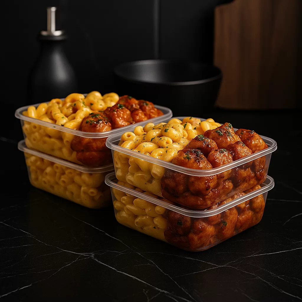 Four plastic meal prep containers filled with creamy macaroni and honey garlic chicken stacked on a black marble kitchen counter with sleek modern kitchen tools in the background.