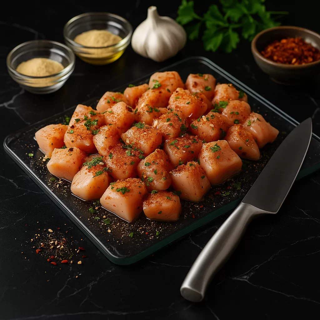 Cubed raw chicken breast seasoned with paprika, garlic powder, chili flakes, black pepper, and parsley on a glass cutting board, with surrounding spices and a chef’s knife on a black marble counter.