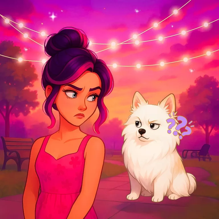 A cartoon illustration of a woman in a pink dress and a white Pomeranian exchange suspicious glances during a sunset walk in the park, with fairy lights glowing in the background.