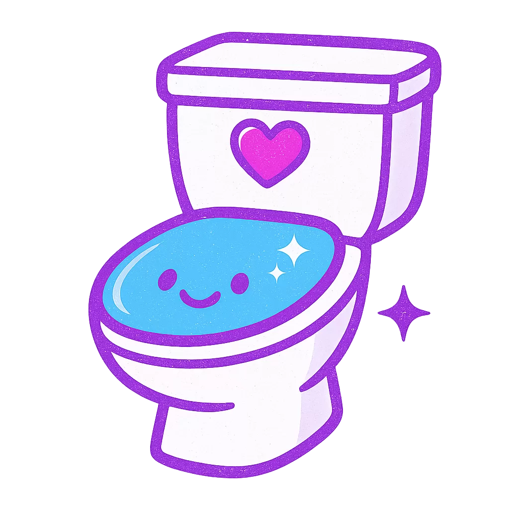 Kawaii white toilet with a pink-purple heart on the tank and glowing blue smiling seat.