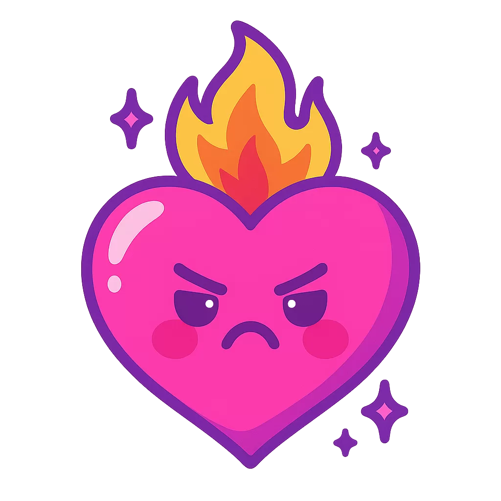 Cartoon pink heart with angry kawaii face, flames on top, and sparkles around it, symbolizing pregnancy rage.