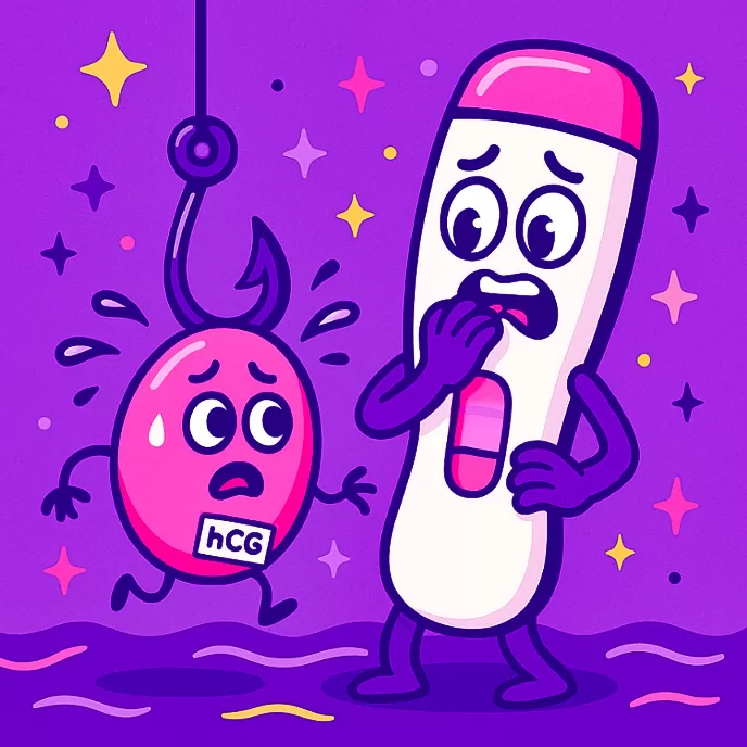 Cartoon illustration of a worried pregnancy test with one strong and one faint line, looking at a hooked hCG character on a purple background with sparkles.