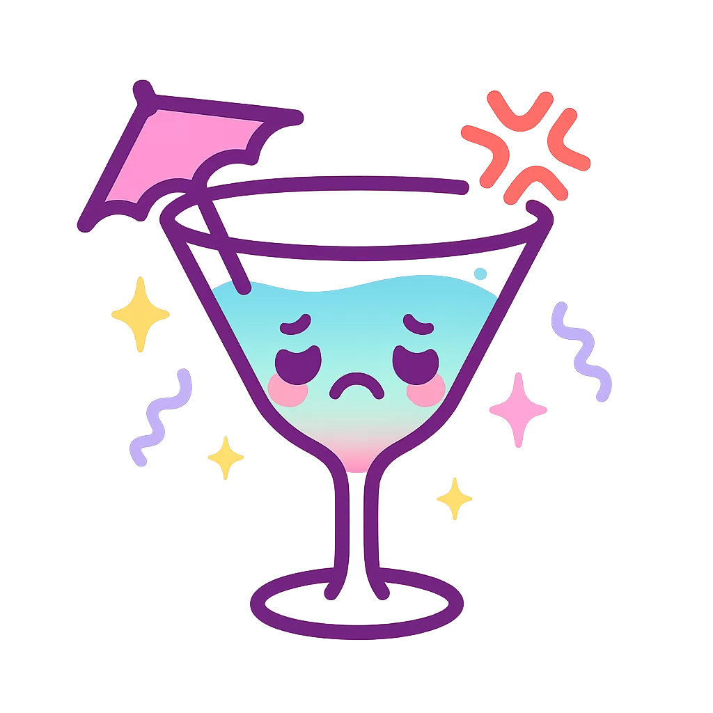 Kawaii martini glass with gradient liquid, pink umbrella, sad face, sparkles, and comic anger symbol, symbolizing pregnancy hangover symptoms.