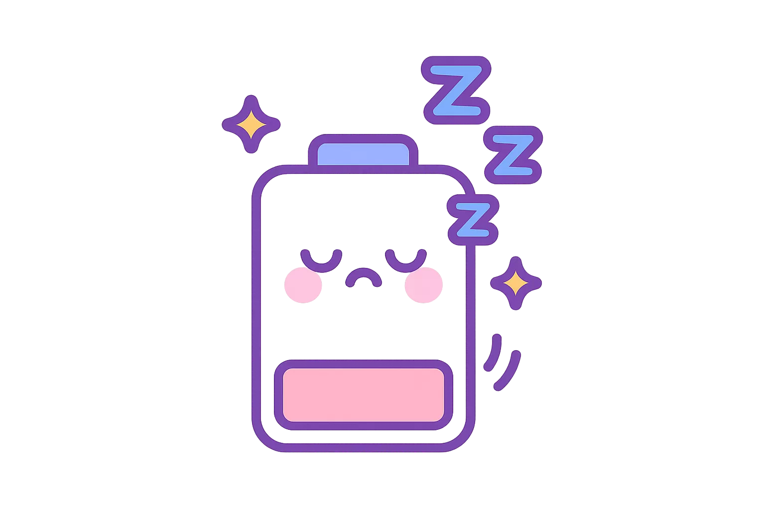 Cartoon low battery with kawaii sleepy face, empty pink bar, sparkles, and Zzz’s, symbolizing extreme pregnancy fatigue.